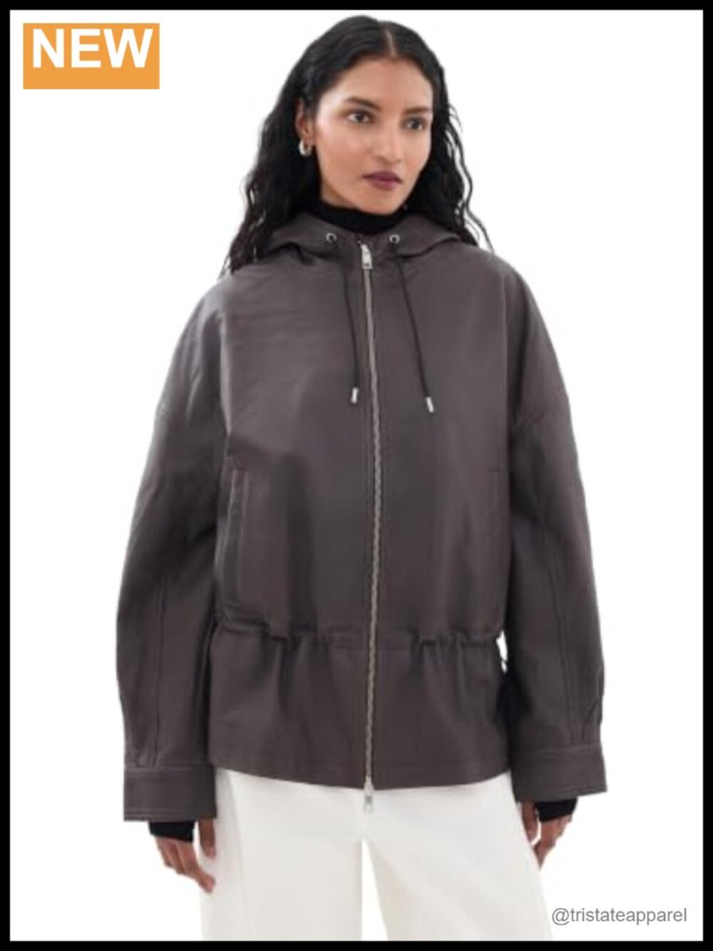 Women's Lambskin Leather Jacket with Drawstring Waist, Two-Way Zip